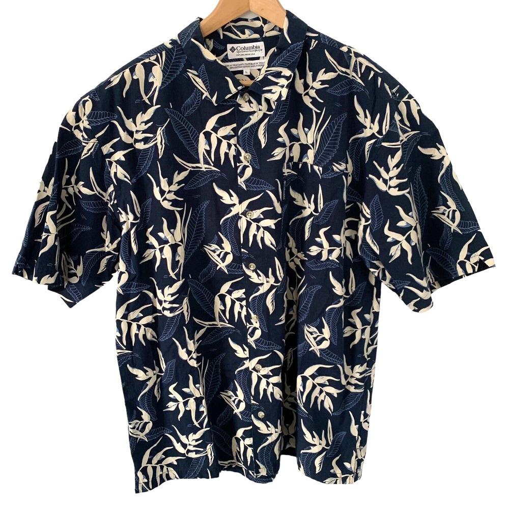 Columbia Shirt Mens Large Navy Blue Floral Print Short Sleeve Button Up